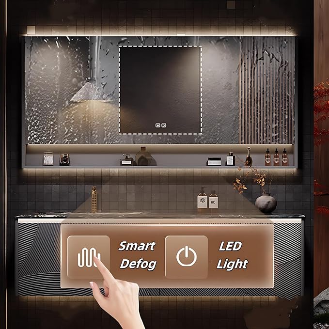 Bathroom Floating Vanity - Smart Defogging LED Lamp & Bathroom Vanities with Tops | Innovative Door Panel Design & Motion Sensor Light, Concealed Handle (B, 60IN)