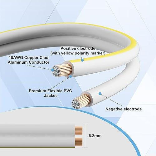 18AWG Speaker Wire 25 FT, 18 Gauge Audio Security Alarm Hookup Control Low Voltage Cable, Home Theater Wire, Automotive Wire, White Cord with Yellow Polarity Marker, CCA, 2 Conductors Electrical Wire