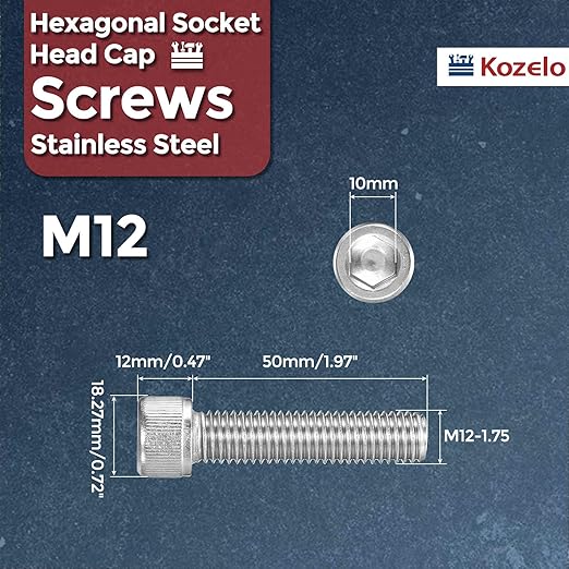 Kozelo 4pcs Socket Head Cap Screws - [M12-1.75 x 50mm] 304 Stainless Steel Allen Socket Drive for Electrical Motor 3D Printing Fan Engine Replacement Use, Silver