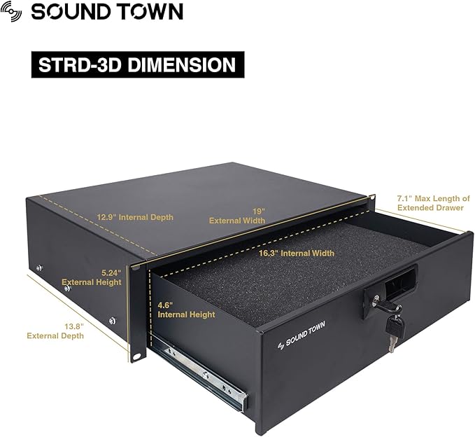 Sound Town Heavy-Duty 1/2" (12mm) Plywood 14U PA DJ Pro Audio Rack/Road ATA Case with 11U Slant Mixer Top, Locking Drawer, Side Table, 20’’ Rackable Depth and Casters (STMR-14TD3)