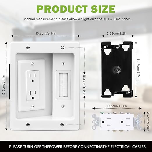 Wall Cable Concealer Management Kit, Recessed Outlet Behind TV for Wall Mount TV with Cable Management Box, in Wall TV Connection Kit Hides Power Cables & Low Voltage Wires Fits All Plugs (NO Wire)
