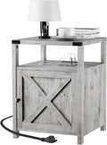 HOSEOKA Farmhouse Nightstand with Charging Station, Grayish White End Table Bedroom with Storage Living Room Side Table Beige Night Stand Industrial Bedside Bed Table with USB Ports and Outlets