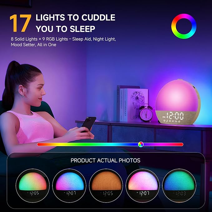 Geuuap Sunrise Alarm Clock White Noise Sound Machine for Bedroom | Natural Wake-Up Light with 30 Soothing Sleep Aids, Bluetooth Speaker, Dimmable Clock, Screen-Free Design for Baby Adults Kids-Khaki