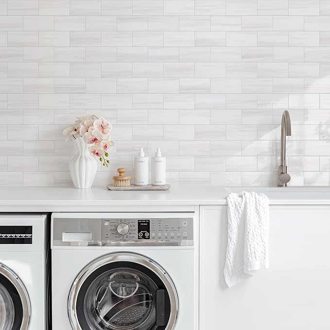 Vamos Tile 100-Piece Glossy Dolomite White Peel and Stick Backsplash Tile,3''x6'' PVC Subway Tile with White Grout, Stick on Backsplash for Kitchen/Bathroom/Fireplace