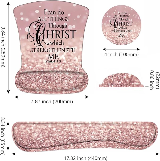 Ergonomic Mouse Pad Wrist Support and Keyboard Wrist Rest Set with Coasters, Non-Slip PU Base, Easy Typing and Relieve Wrist Pain, Perfect for Home Office Working Studying, Quote Bible Verse Phil 4:13