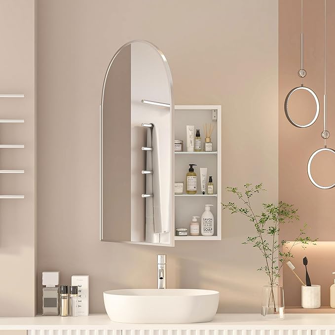 Arched Medicine Cabinet with Mirror,Brushed Nickel Mirror Cabinet with Storage,Adjustable Shelves, Wall Mounted Only, Modern Bathroom Storage,20x32 Inch