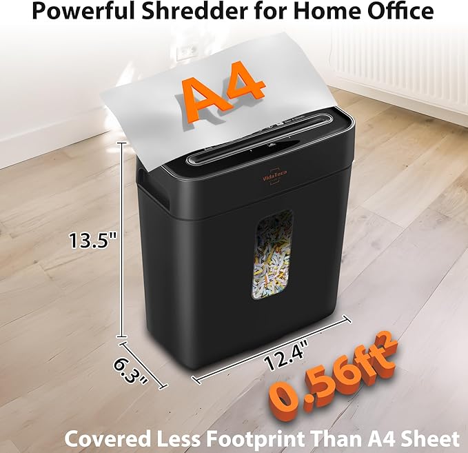 VidaTeco Paper Shredder for Home Use 6-Sheet Cross-Cut Shredder,Also Shred Card/Clip/Staple,P-4 Higher Security,Small Document Shredding Machine for Office,Heavy Duty with Jam Proof,3.04-Gal Bin