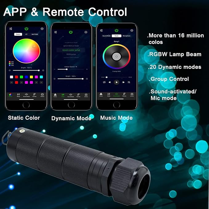 AZIMOM Car Use Bluetooth 6W RGBW LED Fiber Optic Lights Star Ceiling Light Kit APP Remote Controller Mixed 295pcs 9.8ft Optic Cable Music Mode Sensory Lighting Indoor Home Interior Decoration