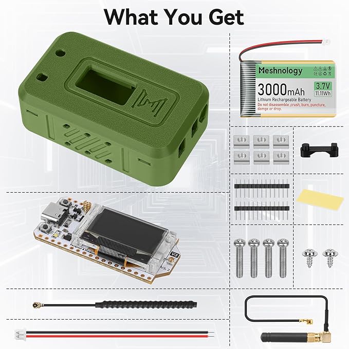 Meshnology 1 Set ESP32 Lo Ra V3 Module Board with 915 MHz Antenna + 3000mAh Battery + Case - WiFi Blue Tooth SX1262 CP2102 0.96” OLED Display Type C for Ar duino Mesh Tastic IOT (N35, Green)