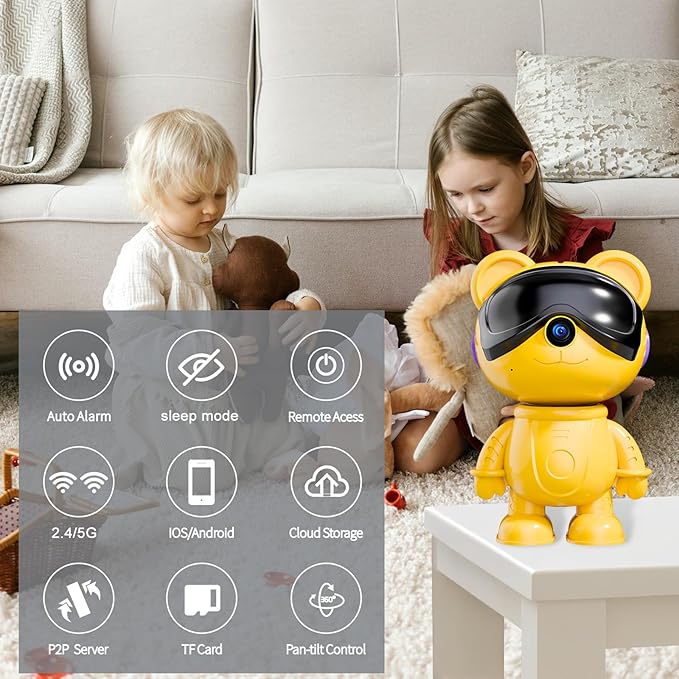 dzcctvipc-Cute Bear-2K Smart-Robot Security-Camera Wireless - Nanny & Pet Motion Monitor with Mobile App,Baby Cry Detection Alarm,5G Dual-Band,Pan-Tilt,Full HD Night Vision,24/7 Recording,2-Way Audio