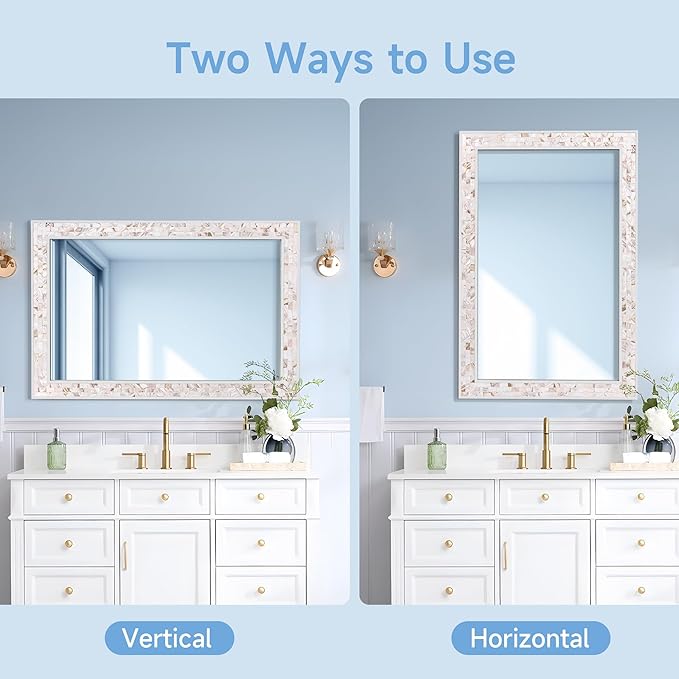 Tanmicoshomy White 24 x 36 Inch Rectangle Bathroom Mirrors for Wall, Natural Shell Framed Wall Mounted Mirror for Bedroom, Living Room or Entryway, Horizontal or Vertical Hanging