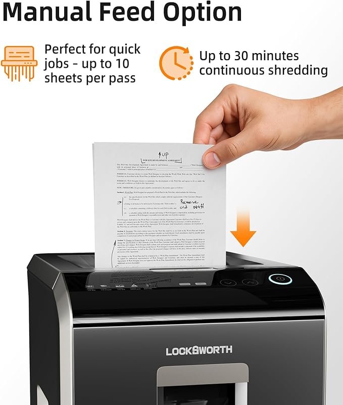 Locksworth Heavy Duty Micro-Cut Paper Shredder: 200-Sheet Auto Feed/10-Sheet Manual Feed, P-5 High Security, 8.5 Gallon Bin with Casters for Home Office