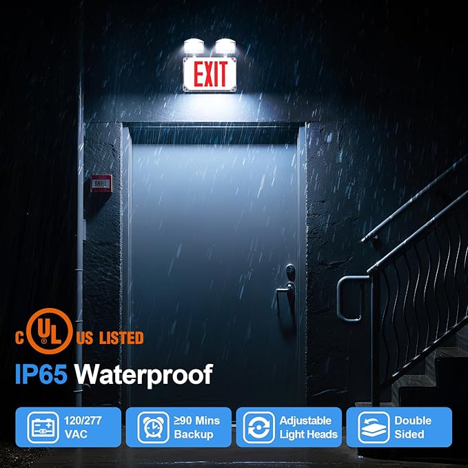Wet Location Emergency Exit Signs with Adjustable Lights Battery Backup, UL Listed Double Face Exterior Led Exit Sign Combo, Hardwired Waterproof Red Exit Light, AC120/277V, Wall/Side Mount (2 Pack)