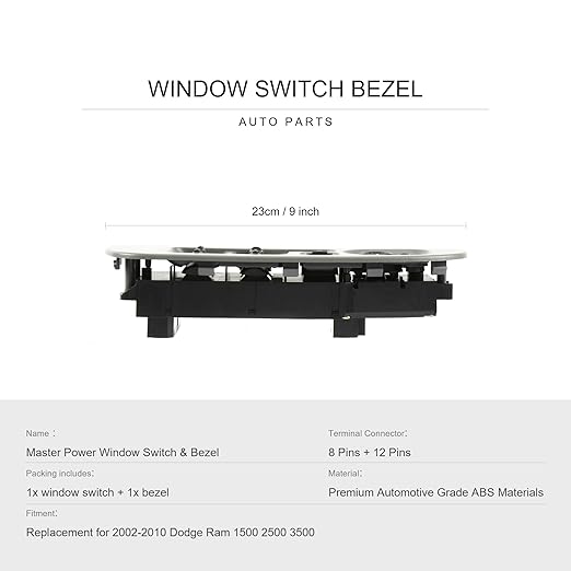 BASIKER Master Power Window Switch and Bezel Driver Side and Window Bezel Passenger Side Replacements for 2002-2010 Dodge Ram 1500 2500 3500, Grey