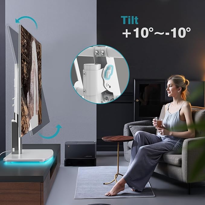 LLDEPLL Universal TV Stand Tabletop TV Mount with Power Outlet for 50-90 Inch OLED LED Monitors, 9 Levels Height Adjustment, Ambient Lighting on The Bottom Holds up to 150lbs, White Max Vesa 600x400mm