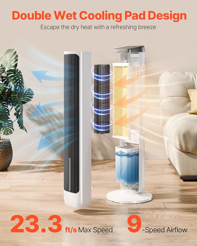 VEVOR Evaporative Air Cooler, Standing Fans that Blow Cold Air, 23.3ft/s 70° Remote Oscillating Tower Fan w/ 9-Speed 4 Mode, 24H Timer, Swamp Cooler, Portable AC Fan for Bedroom, Office