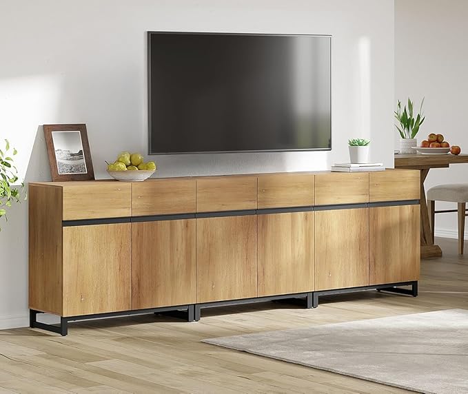 WAMPAT Modern TV Stand for TVs up to 110 inch, 3 in 1 Wood Entertainment Center TV Console Table with Adjustable Shelves and Metal Base for Living Room,Bedroom,Oak