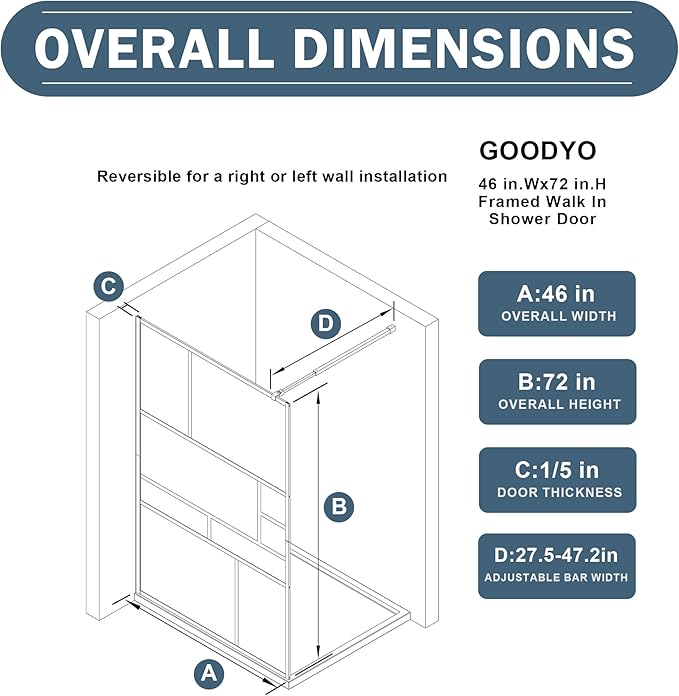 Goodyo 46 in. W x 72 in. H Bathroom Shower Glass Door Framed Tempered Clear Glass Shower Screen Panel for Walk-in Bathroom, Multiple Grid Pattern, 3-Pieces Glass, Matte Black