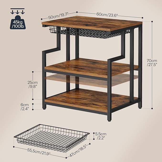 HOOBRO 23.6'' x 19.7'' Extra Large Printer Stand with Drawer, Printer Table with Adjustable Shelf, 3-Tier Printer Cart with Storage, for Heat Press Scanner Fax, Rustic Brown and Black BF10PS01