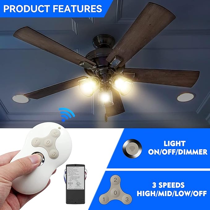 Universal Ceiling Fan Remote Control Kit, 3-Speed Fan and Dimmer Light Control, Easy DIY Install, Replacement for Hunter Hampton Bay Harbor Breeze Litex and More Brands (Models 99122, 99123, 99600)