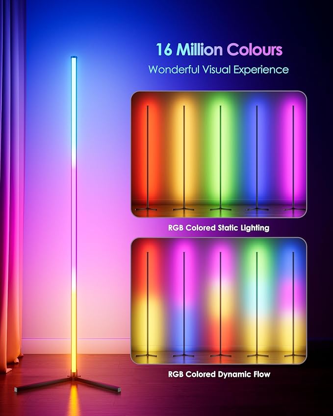 boostool LED Corner Lamp, 65" RGB Corner Floor Lamp with 16 Million DIY Colors, 216 Dynamic Light Effects and Music Sync - App and Remote Control LED Lamp for Bedroom, Living Room, Gaming Room