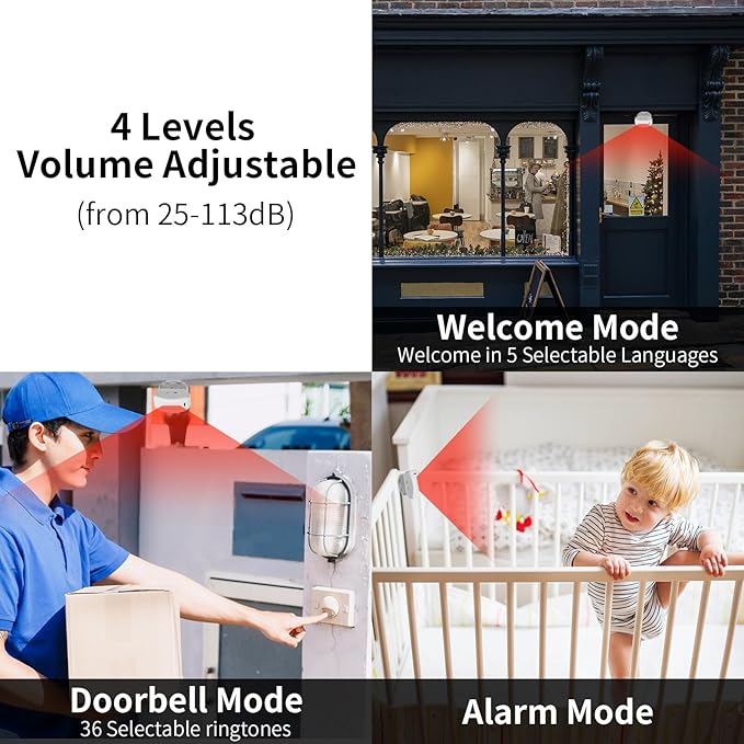 KCMYTONER Wireless Motion Sensor Door Chime, Entry Alert Chime for Business, Door Alarm,112LB Loud, Adjustable Volume and light brightness, for Home, Warehouse, Villa Security(3Sensors& 2Receiver)