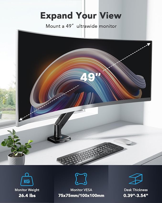 HUANUO Single Monitor Arm for 13-49 inch Screens, Ultrawide Computer Monitor Mount Holds 26.48 lbs, Upgraded Adjustable Stand with USB, C-Clamp & Grommet Base, VESA 75x75 or 100x100mm