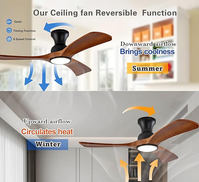 Gaizw 42 Inch Low Profile Ceiling Fans with Lights and Remote, Flush Mount Ceiling Fan with Lights, 3 Blades Solid Wood Walnut Hugger Easy Installation for Living Room, Bedroom, Farmhouse, Indoor