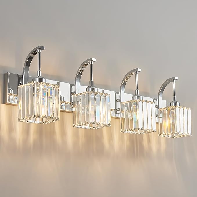 FDPBY Crystal Vanity Lights 4-Light Chrome Bathroom Vanity Lights Modern Crystal Bathroom Light Fixtures Over Mirror 32.67" Long Vanity Light for Bathroom