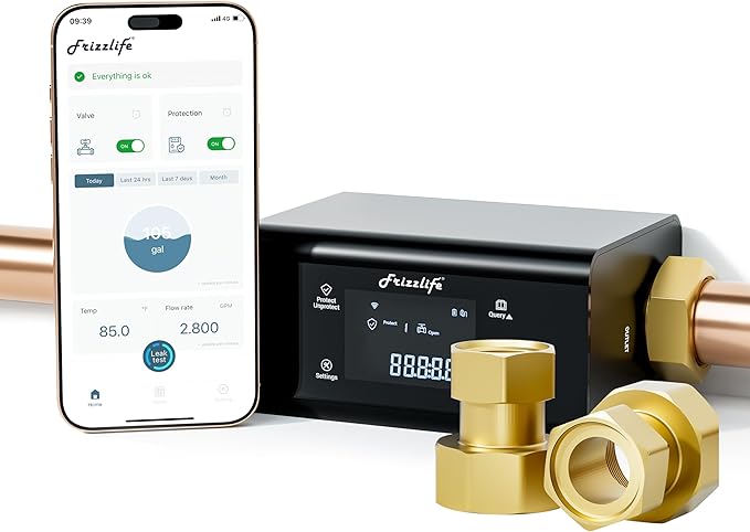 Frizzlife LP365 1.25-Inch Smart Water Monitor and Automatic Shutoff - 0.01GPM Ultrasonic Micro Leak Detection, APP Wi-Fi Remote Control, Real-Time Flow/Temp Monitoring, for 1-1/4-Inch Diameter Pipe