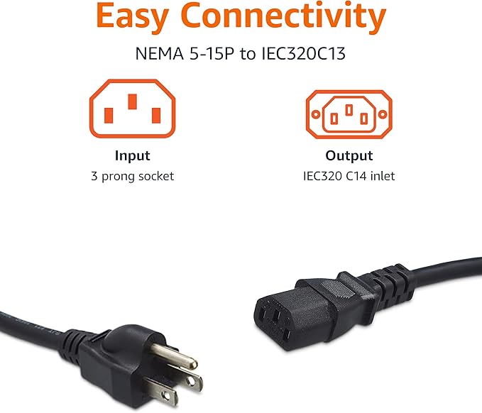 Amazon Basics PC Power Cord, 25 feet, AC Power Cord for Monitor, Computer, TV, 3 Prong, 18 AWG, 125 Volts, Black