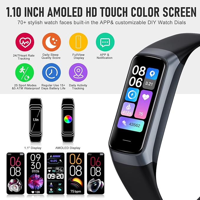 Fitness Tracker with 24/7 Heart Rate Blood Oxygen Sleep Monitor, 1.1" AMOLED Touch Screen Activity Tracker Smart Watches, IP68 Waterproof Step Counter Pedometer for Women Men