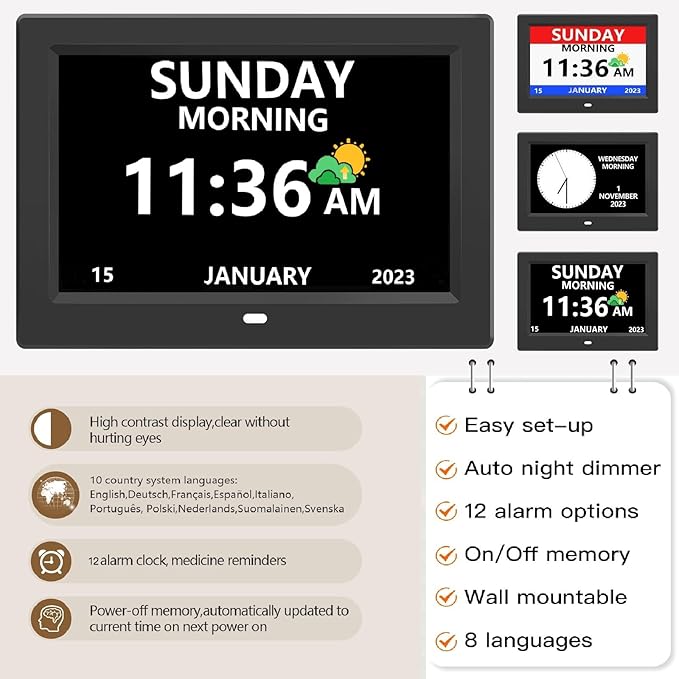 LXBYJKJ 10 Inch Digital Clock with Day and Date for Elderly Alzheimer's Clock Customizable Alarms 3 Display Modes Large Font Alarm Clock for Seniors Auto DST