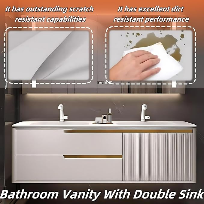 Bathroom Vanity with Double Sink - Smart Defogging Mirror & LED Lights on Both Sides, Floating Bath Sink Cabinet | 2 Drawers, Wave Shaped Panel (White, 60IN)