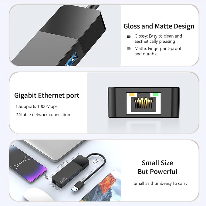 ALL-LUCKY USB Hub with Ethernet Adapter, 4-in-1 USB 3.0 Gigabit Network Hub - Image 3