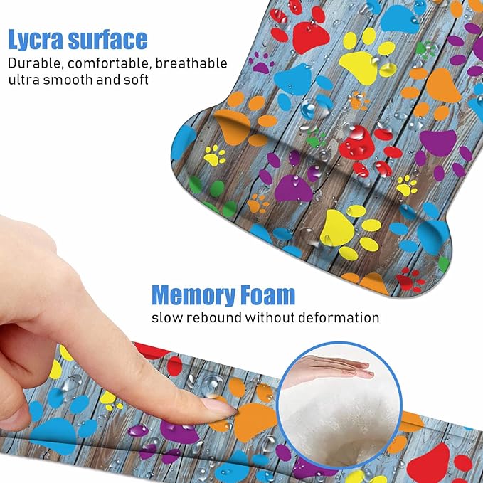 Ergonomic Mouse Pad Wrist Support and Keyboard Wrist Rest Set with Coasters, Non-Slip PU Base, Easy Typing & Relieve Wrist Pain for Home Office Working Studying, Rustic Wooden Board Colorful Paw Print