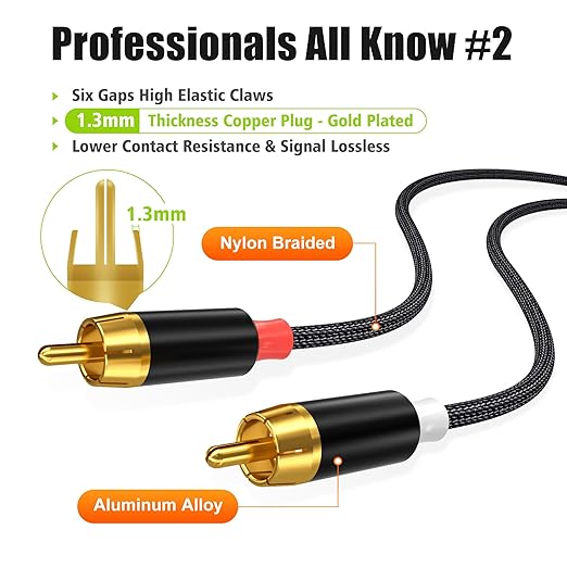 AGVEE 16.5ft RCA Cable, 2 RCA Male Thickened Six Claws Plug Stereo Auxiliary Audio Cord for Home Theater, Amplifier, Active Speakers or Subwoofer, Black