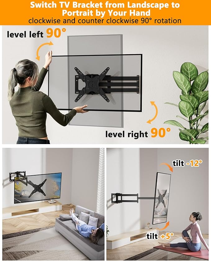 48'' Extension Extra Long Arm TV Wall Mount with Power Outlet, Rotating TV Wall Mount 180° Full Motion Heavy Duty for 26''-65'' Screens, VESA 400x400mm, Load 110 lbs, 16''Wood Stud/Concrete/Brick Wall