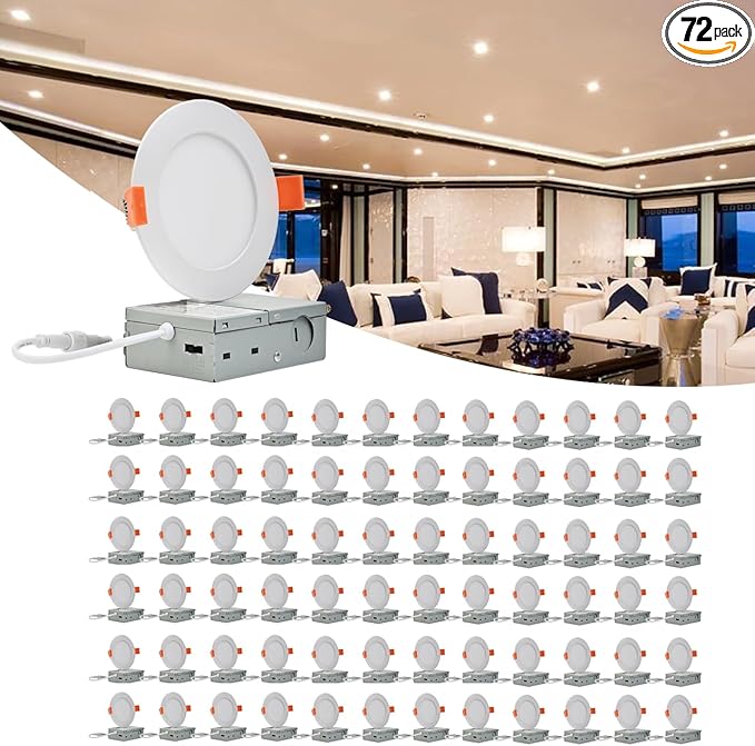 MKUJOO 72 Pack 6 Inch Ultra-Thin LED Recessed Ceiling Light with Junction Box,panel light,Daylight, 13W,2700K/3000K/3500K/4000K/5000K Selectable Dimmable Downlight ETL&FCC&CE and Energy Star Certified