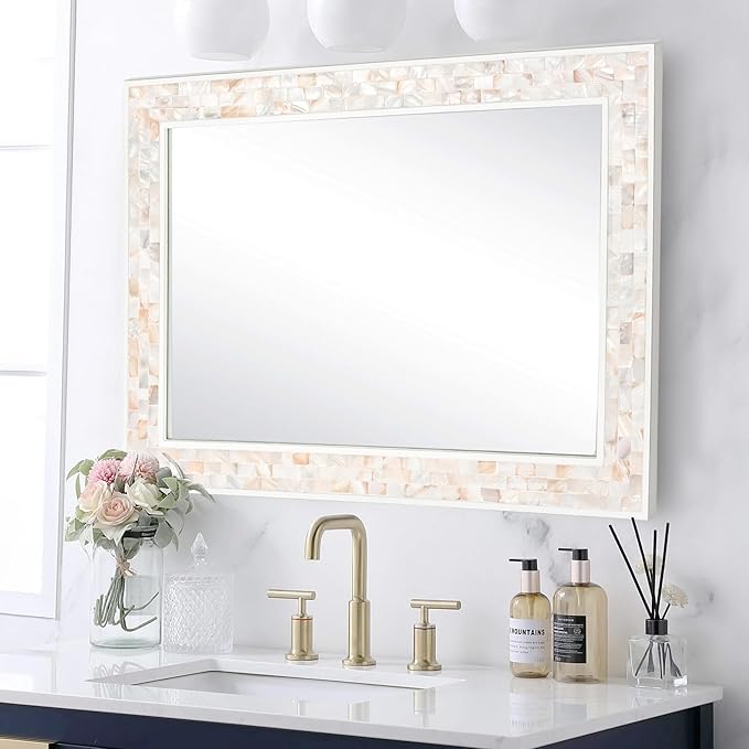 Tanmicoshomy 30 x 40 Inch White Bathroom Mirror, Coastal Natural Shell Framed Rectangle Mirrors for Bedroom, Living Room Wall Decor, Horizontal or Vertical Hanging