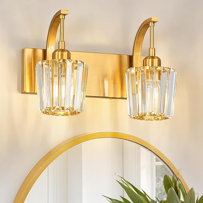FDPBY Modern Bathroom Vanity Light, 2-Light Gold Wall Sconce with Crystal Accents, Over Mirror Bathroom Lighting Fixture, 13.77" Long Dimmable Vanity Lamp for Makeup, Easy Installation