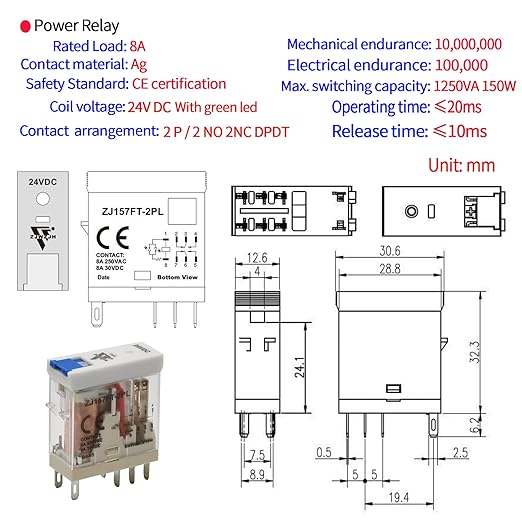 24 Volt Relay with Test Button Miniature 8Amp DPDT with Led Indicator Light and Socket Base (8 Pin- 8A, DC 24V)