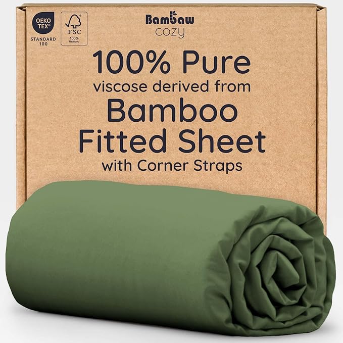 Bambaw 100% Viscose Derived from Bamboo Fitted Sheet Twin Size, 15’’ Deep Pocket Twin Fitted Sheet Only with Corner Straps, Cooling, Breathable & Soft (Olive)