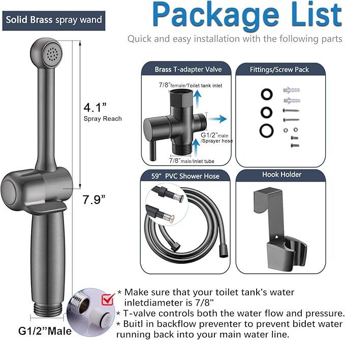 SonTiy Handheld Bidet Toilet Sprayers Black Stainless, Cloth Diaper Sprayer Bathroom Hand Held Jet Spray Bidet Attachment for Toilet with Adjustable Pressure Control, Solid Brass, 7.9" Bidet Wand