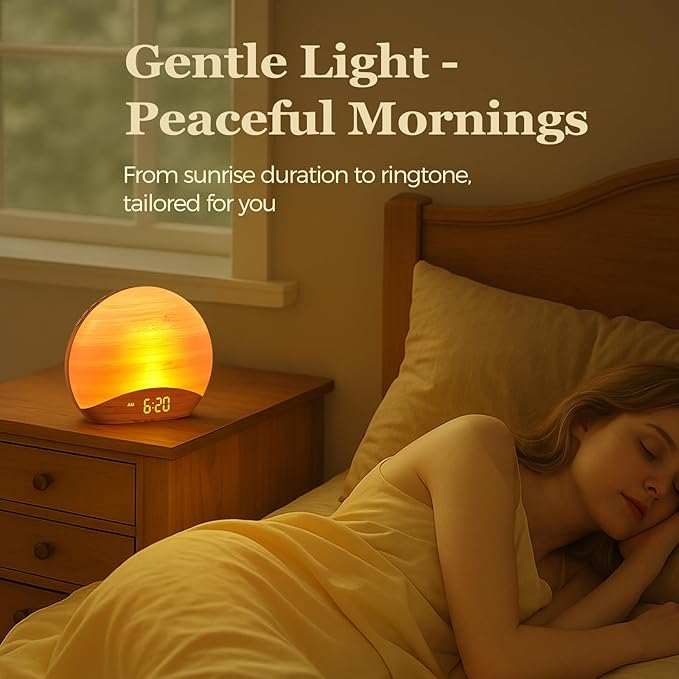 REACHER Sunrise Alarm Clock with Bluetooth Speaker & FM Radio, Gradual Wake Up Light, Digital Dimmable Clock, Bedroom Lamps, 8 Color Night Lights, Home Decor, Wood Clock for Adult, Kid