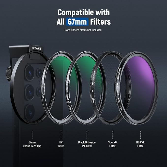 NEEWER 67mm 1/4 Black Diffusion Filter & Cold Shoe Phone Clip, Pouch & Lens - Image 6