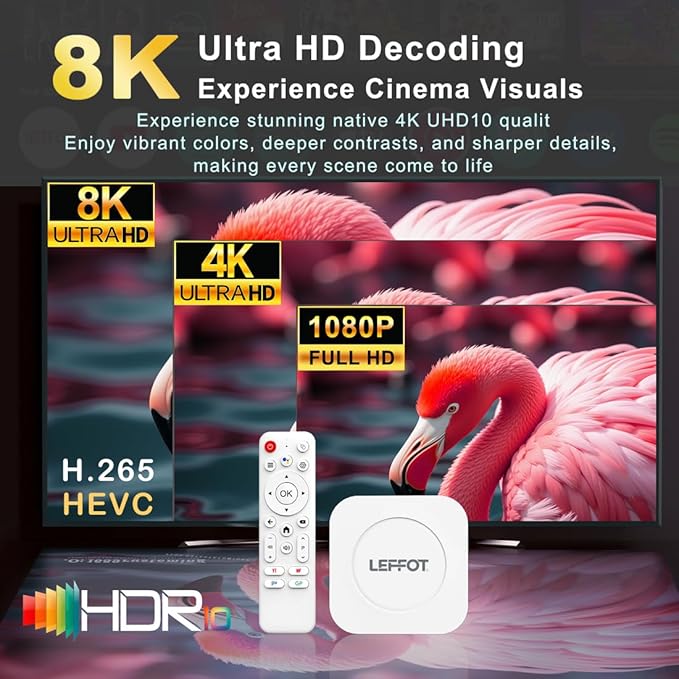 Android 14 TV Box 2025, LEFFOT M1 Plus 4K Ultra HD Streaming Device for TV, 2GB RAM + 16GB ROM, Smart TV Box with Google Assistant Voice Remote, HDR 10, 2.4G & 5G WiFi 6, BT 5.4, RK3528 Quad-Core A53