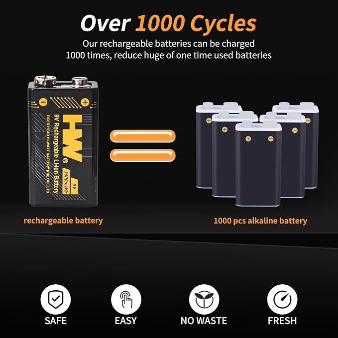 HW 9V Batteries， 3600mWh Rechargeable 9 Volt Battery - Image 8
