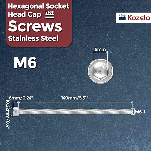 Kozelo 5pcs Socket Head Cap Screws - [M6-1 x 140mm] 304 Stainless Steel Allen Socket Drive for Electrical Motor 3D Printing Fan Engine Replacement Use, Silver