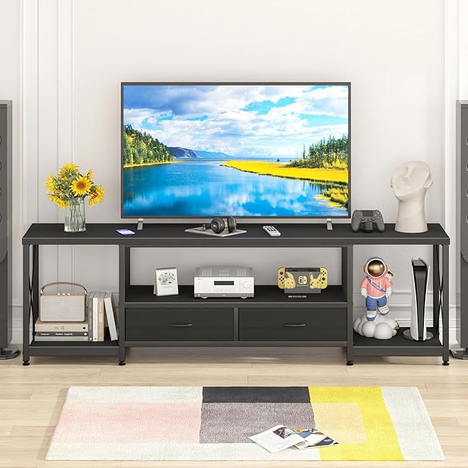GYIIYUO TV Stand with Fabric Drawers for 75 80 Inches TV - Entertainment Center and Industrial TV Console Table with Open Storage Shelves for Living Room, Bedroom- 71.5" Black